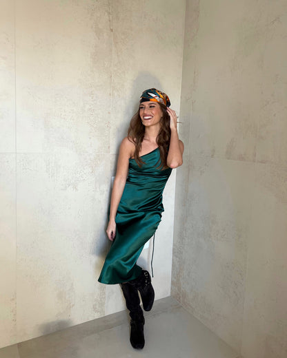 Emerald Green Recycled Silk One Shoulder Midi Slip Dress