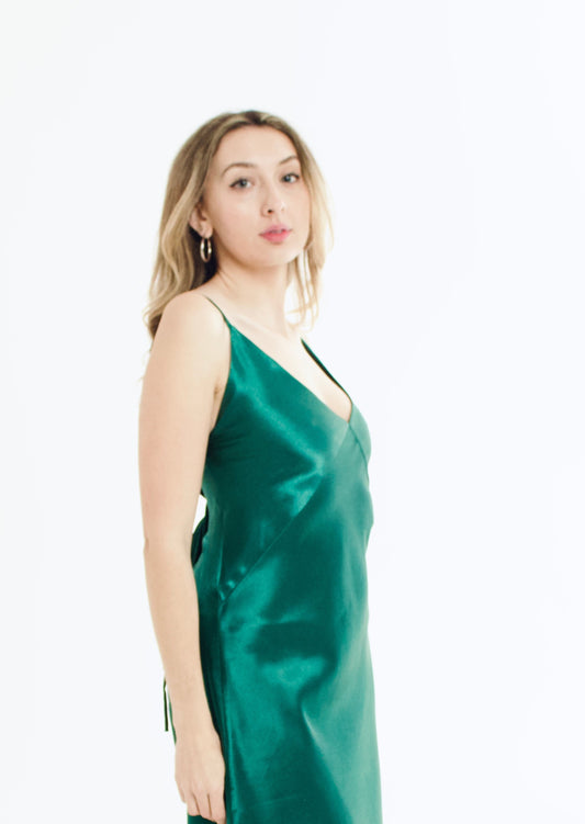 Forest Green Recycled Silky Relaxed Mini Slip Dress - SALE