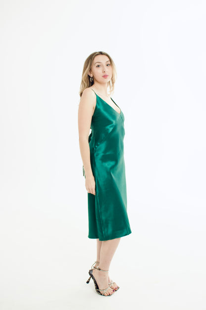 Forest Green Recycled Silky Relaxed Midi Slip Dress - SALE