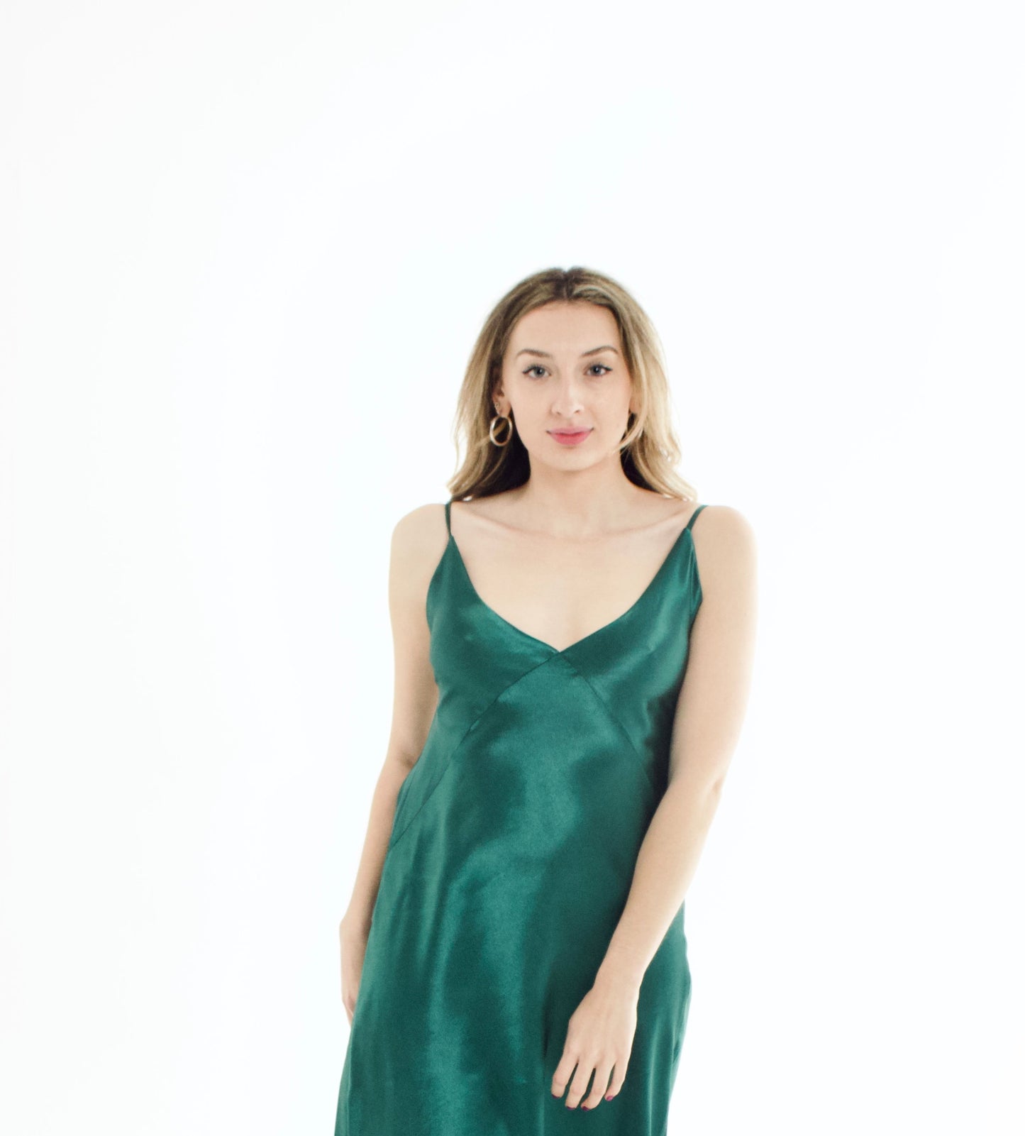 Forest Green Recycled Silky Relaxed Mini Slip Dress - SALE