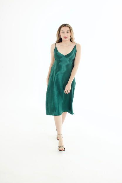 Forest Green Recycled Silky Relaxed Midi Slip Dress - SALE