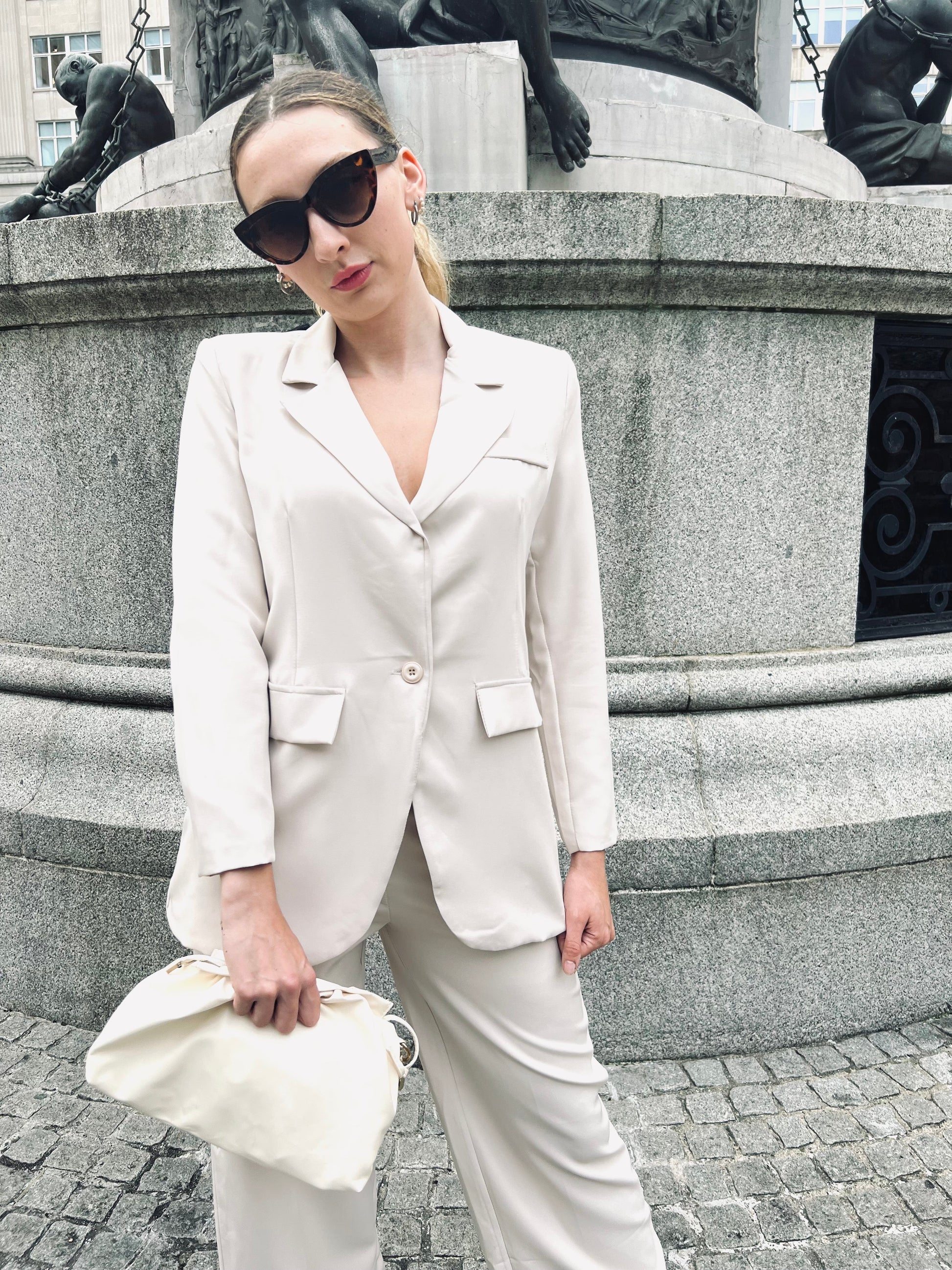 suit to wear to office tailored women's suit ladies office trouser ladies office wear Womens beige tailored straight leg trouser with a an elasticated waistband handmade in UK from recycled materials 