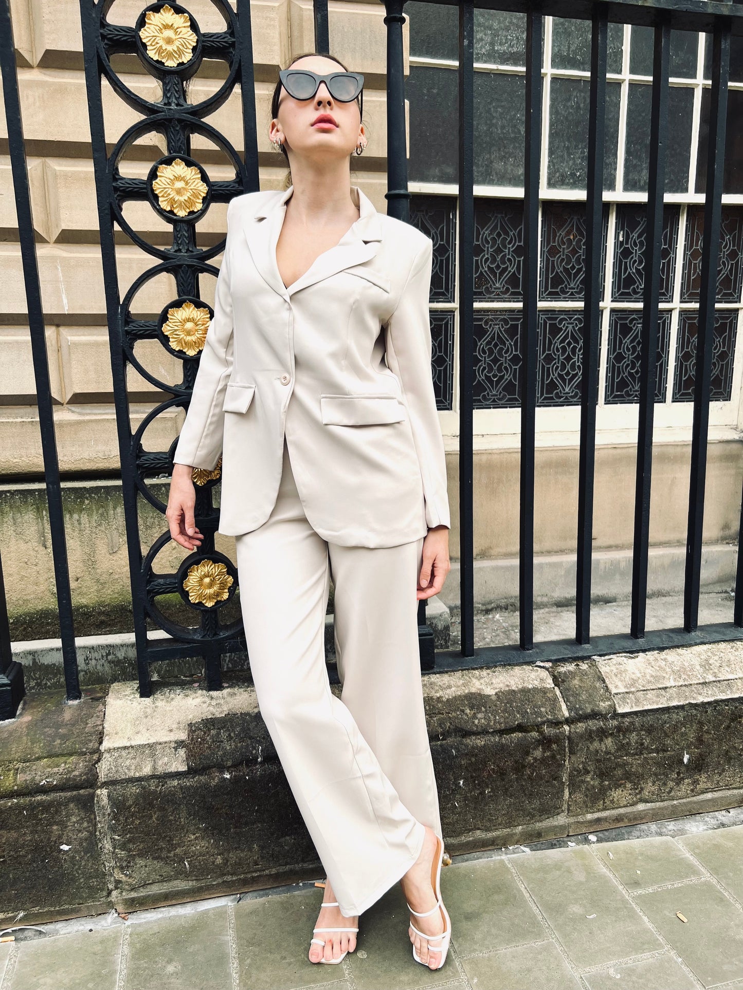 Beige Off White Nude straight leg tailored trouser with a stretch waistband made from recycled polyester layer your looks sustainably with minimum environmental effect