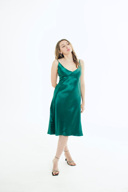 Forest Green Recycled Silky Relaxed Midi Slip Dress - SALE