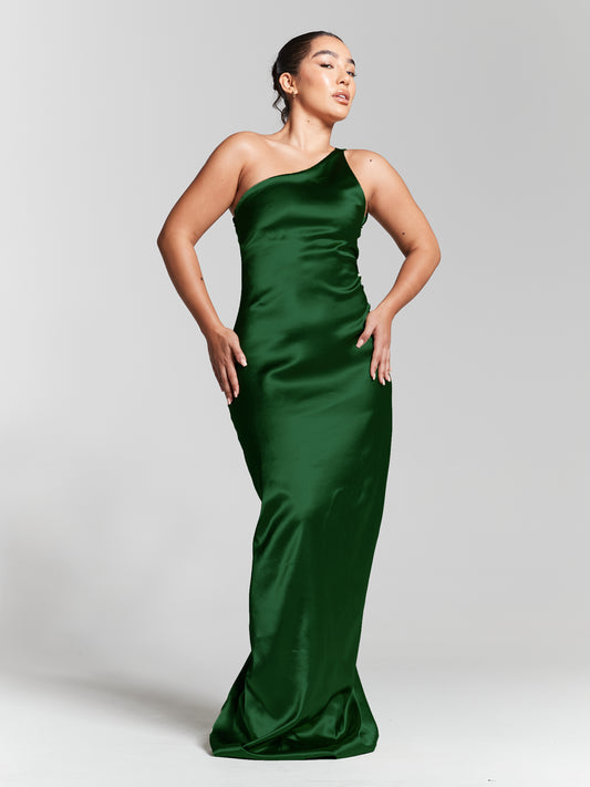 Emerald Green Recycled Silk One Shoulder Maxi Slip Dress