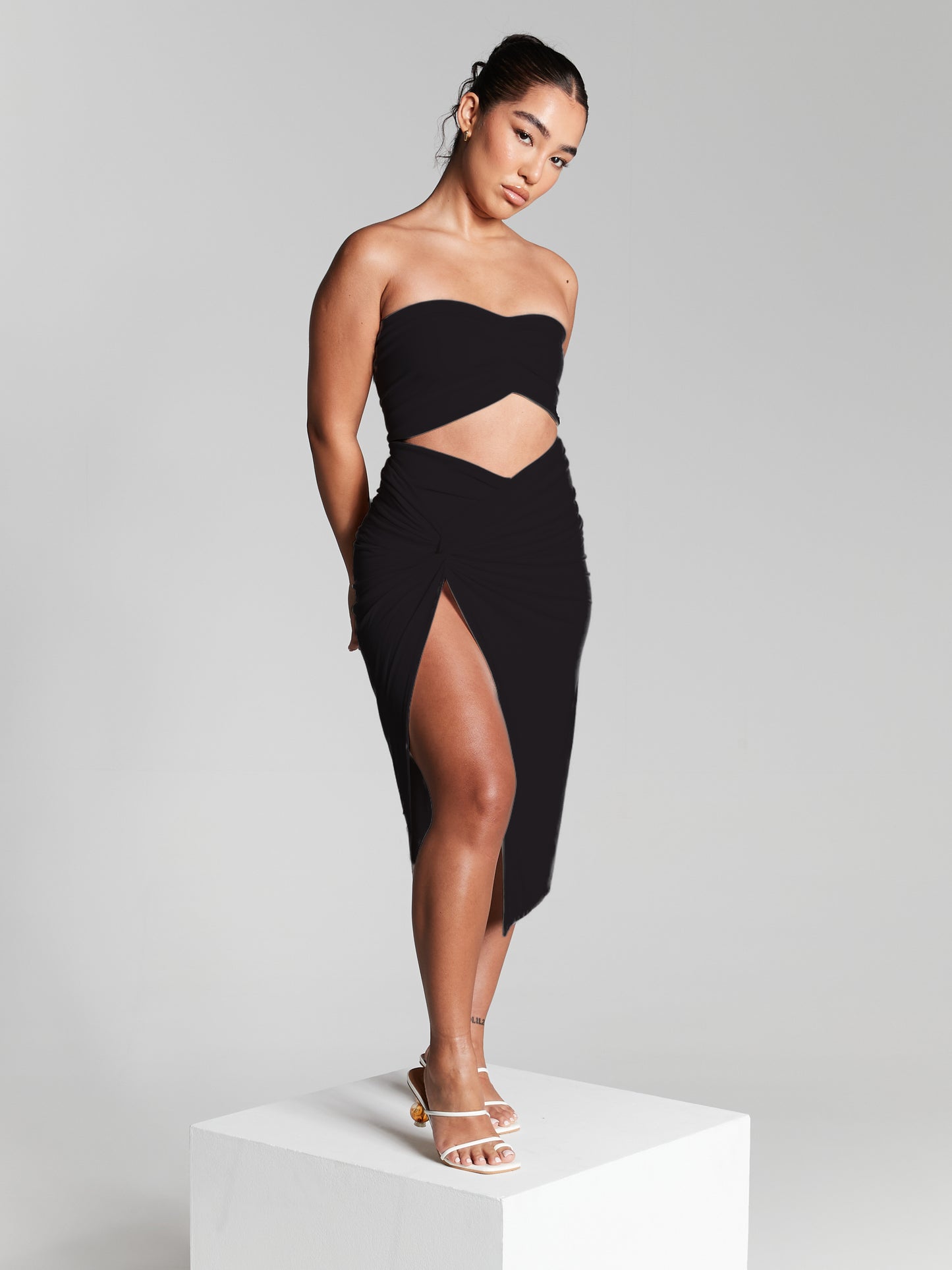 Lara Black Multiway Bandeau Top And Ruched Midi Skirt Co Ord