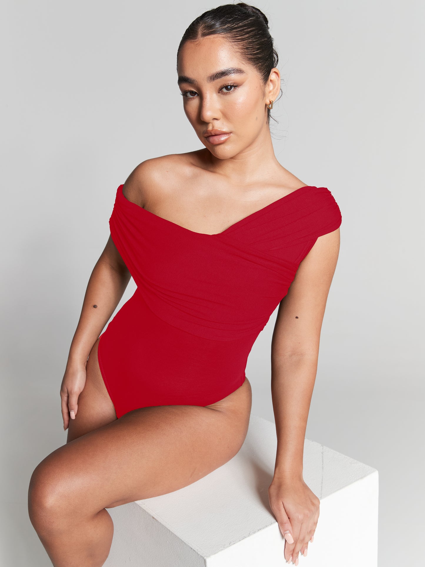 Rhea Red Multiway Ruched Bardot Bodysuit