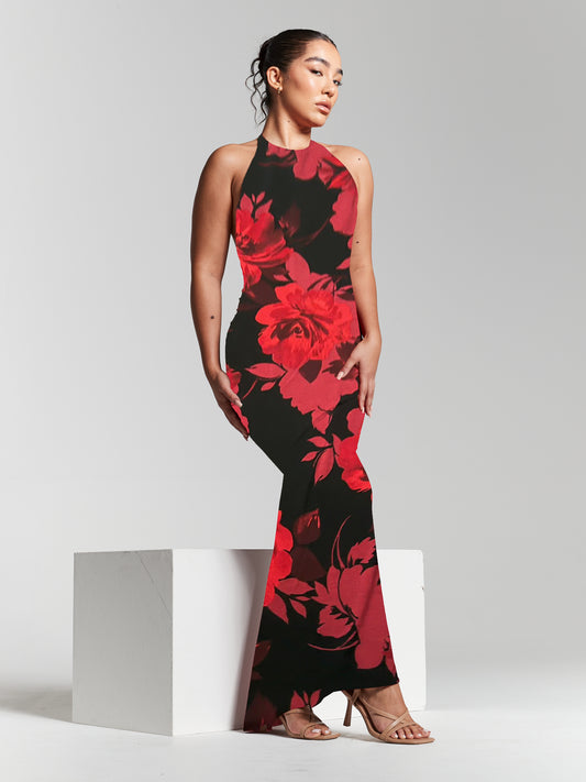 Kim Red Floral Print Knot Back Bodycon Dress