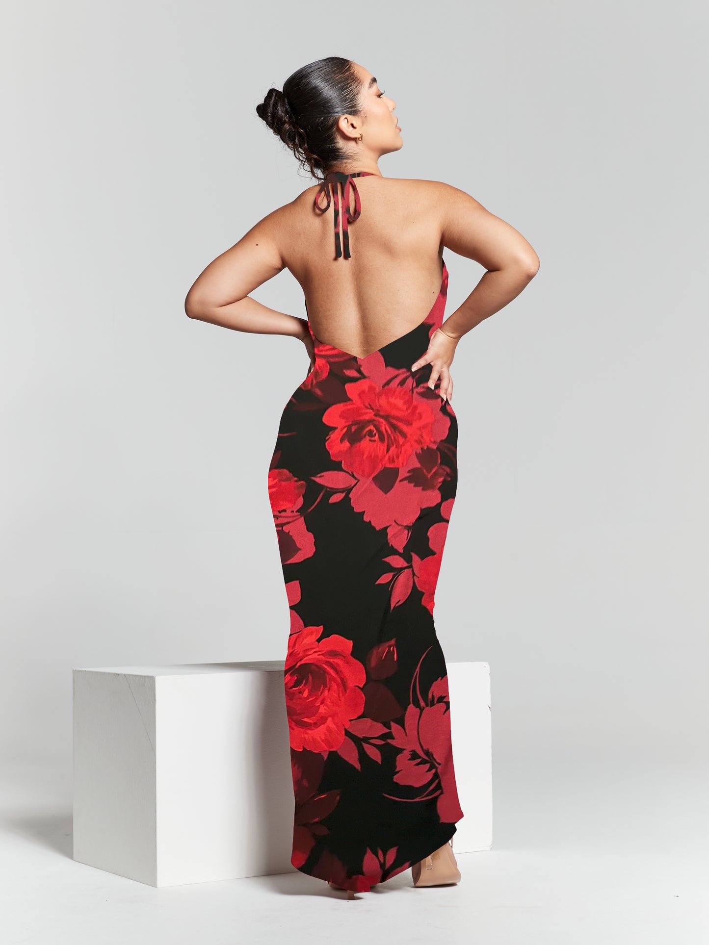 Kim Red Floral Print Knot Back Bodycon Dress