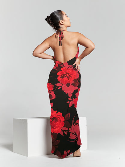 Kim Red Floral Print Knot Back Bodycon Dress - SALE