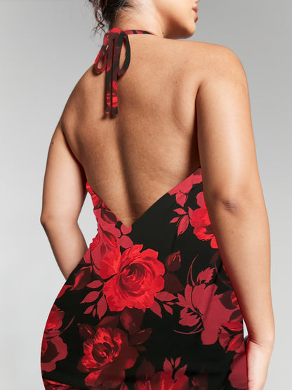 Kim Red Floral Print Knot Back Bodycon Dress