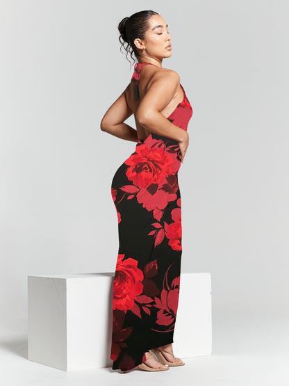 Kim Red Floral Print Knot Back Bodycon Dress - SALE