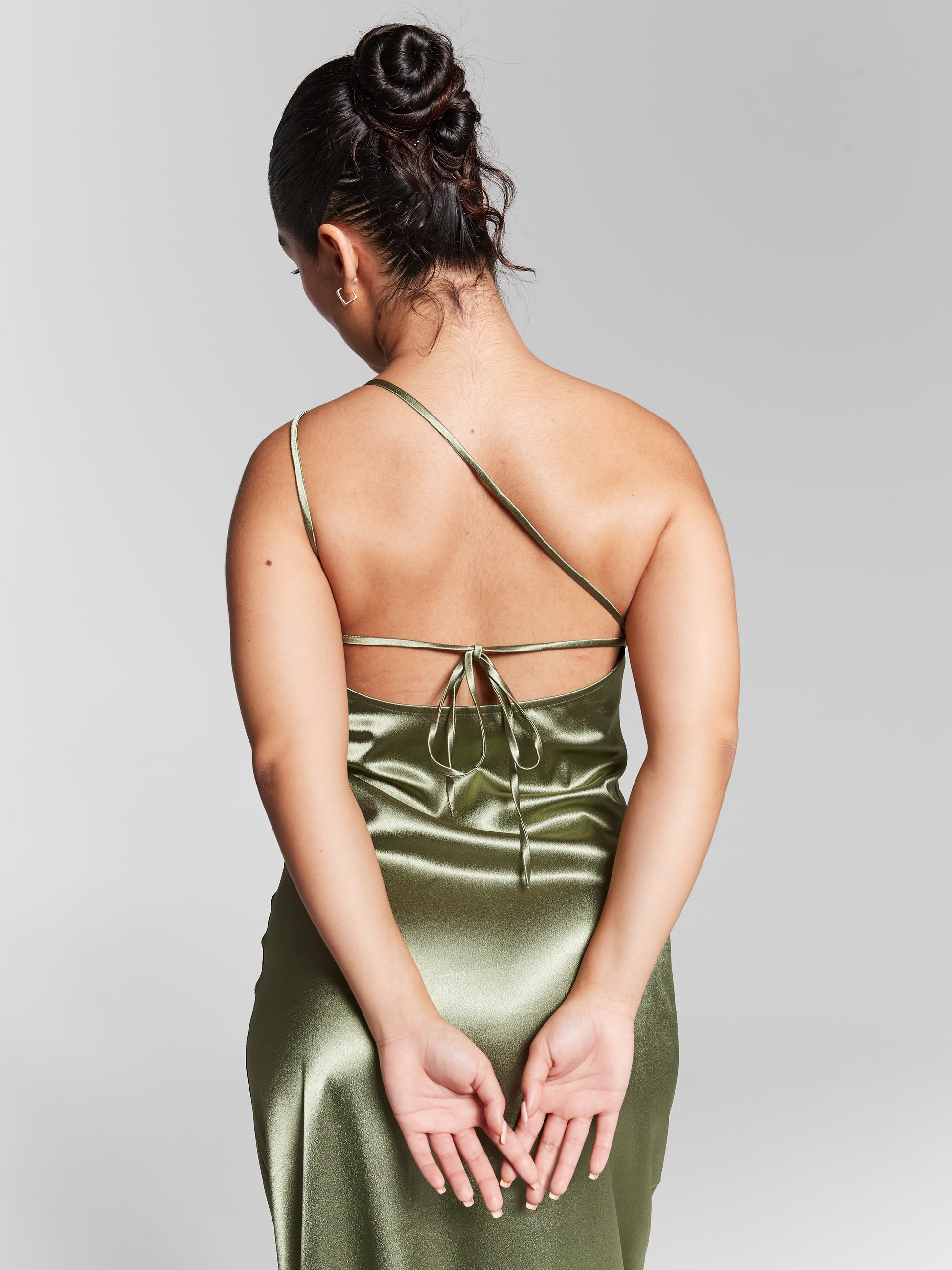 Olive Satin Dress - One-Shoulder Midi Dress - Backless Midi Dress